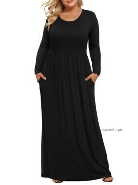 Plus Size Maxi Dress Long Sleeve Round Neck Casual Pockets Rayon Spandex
